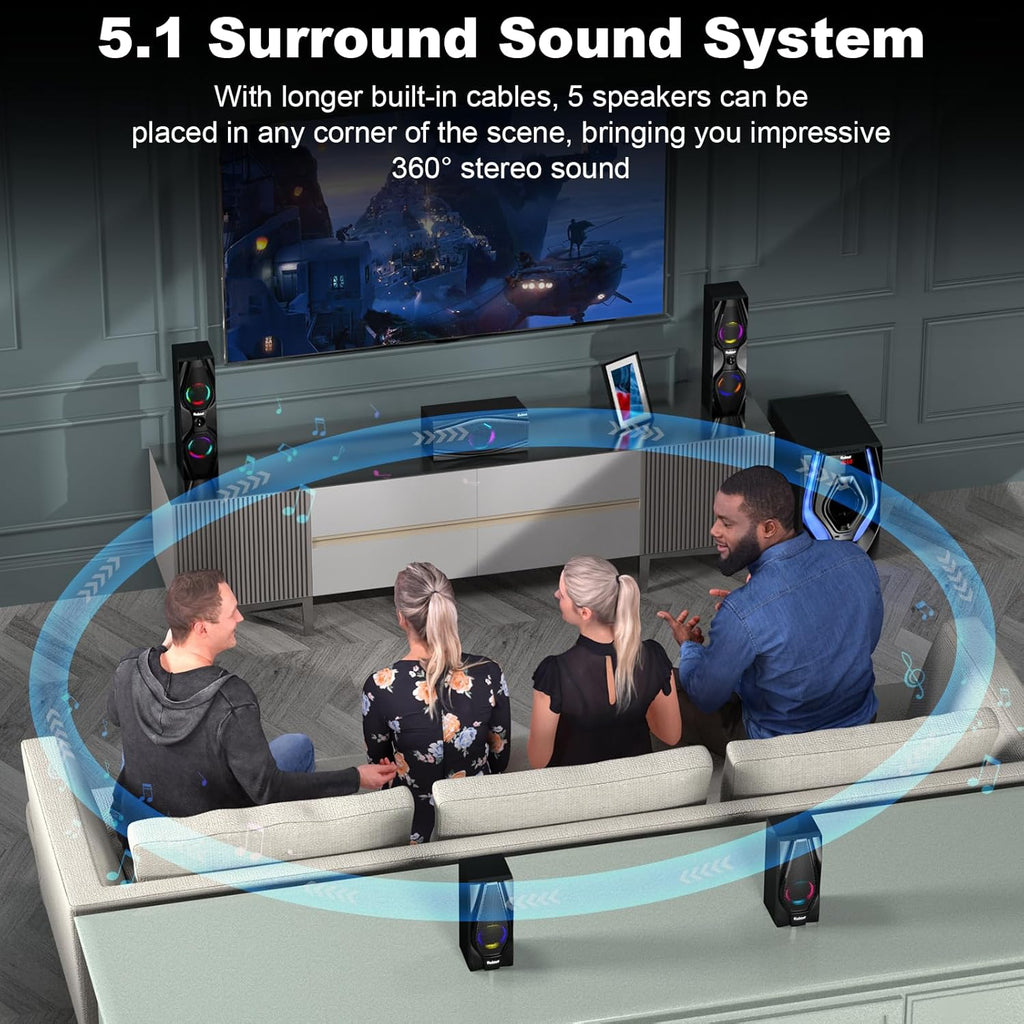 Bobtot Home Theater Systems Surround Sound Speakers - 1200 Watts 10 inch Subwoofer 5.1/2.1 Channel Audio Stereo System with ARC Optical Bluetooth Input for 4K TV Ultra HD AV DVD FM Radio USB
