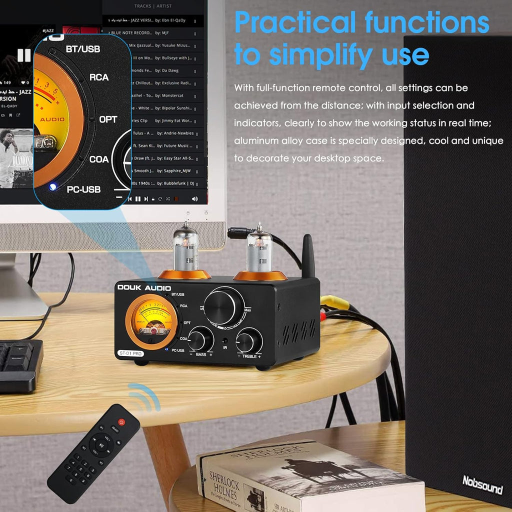 Douk Audio ST-01 PRO 200W Bluetooth Amplifier, 2 Channel Vacuum Tube Power Amp with USB DAC/Coaxial Optical Inputs/VU Meter/Treble Bass Control for Home Theater/Stereo Speakers (Upgrade Version)
