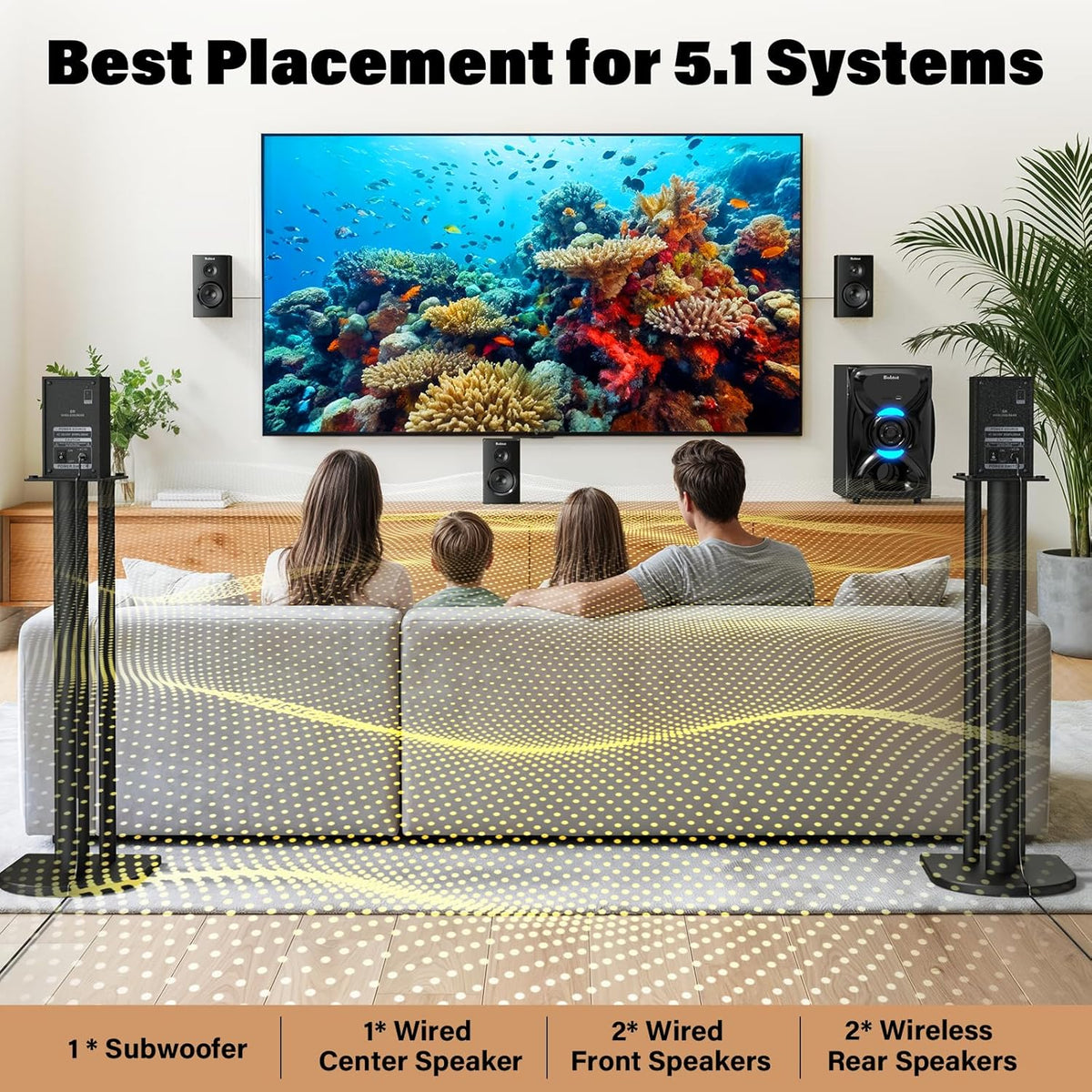 Bobtot Surround Sound Systems Wireless Rear Satellite Speakers - 1000W Peak Deep Bass 8 inch Subwoofer 5.1/2.1 Channel Home Theater System with ARC Optical Bluetooth Karaoke Input