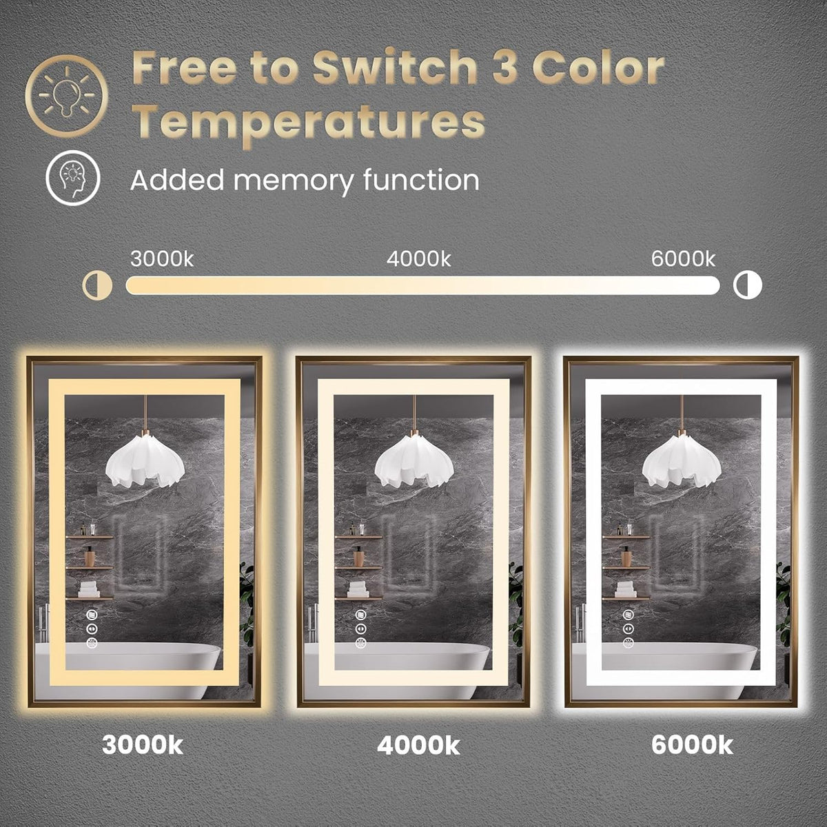 Amorho 36"X30" LED Bathroom Mirror Gold, Metal Framed Mirror with Front Light and Backlit, Stepless Dimmable, Anti-Fog, Shatter-Proof, Memory, 3 Colors