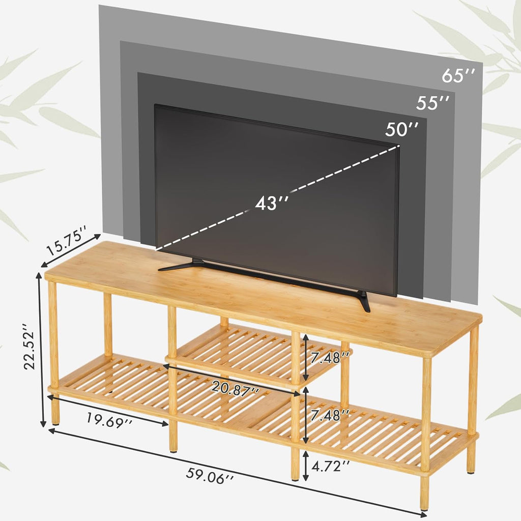 Amazer Bamboo TV Stand for 60 65 Inch TV, Entertainment Center with 3 Tier Open Storage Shelf, Wood TV Table for Living Room, Bedroom