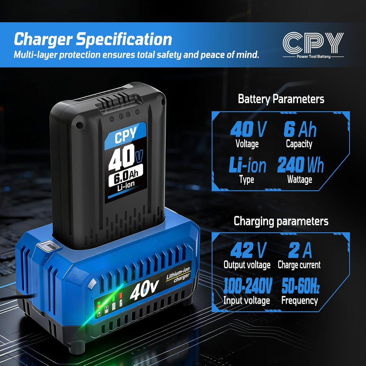 CPY Replacement for Kobalt 40V Battery 6.0Ah and Charger, Lithium Ion 40V MAX Battery and Charger Compatible with KB540-06, KB440-06 KB240-06, KB2540C-06 for Cordless Power Tool Lawn Mower