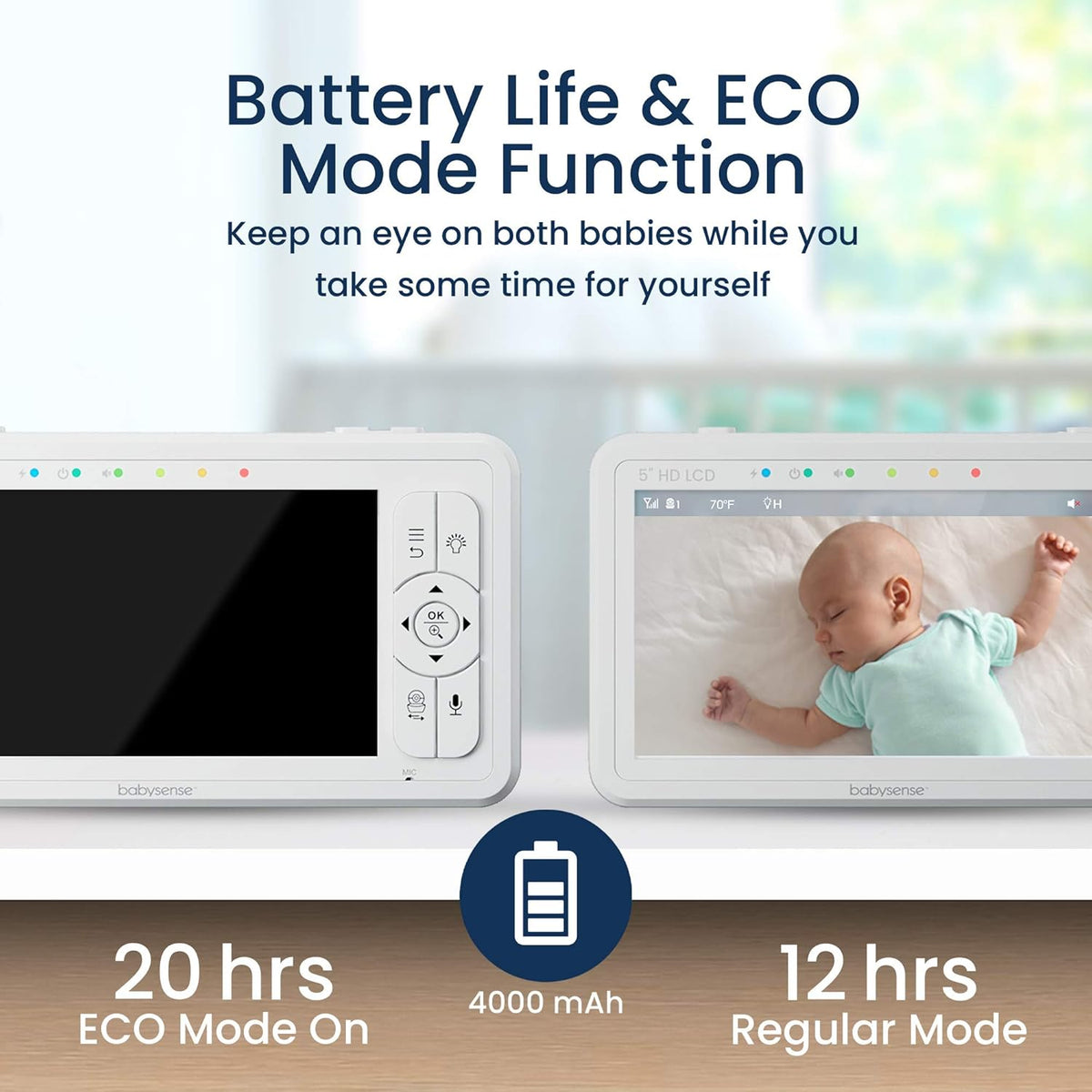 Babysense 5" HD Split-Screen Baby Monitor, Video Baby Monitor with 2 Cameras and Audio, Night Light, 1000ft Range, Two-Way Audio, 4X Zoom, Night Vision, 4000mAh Battery