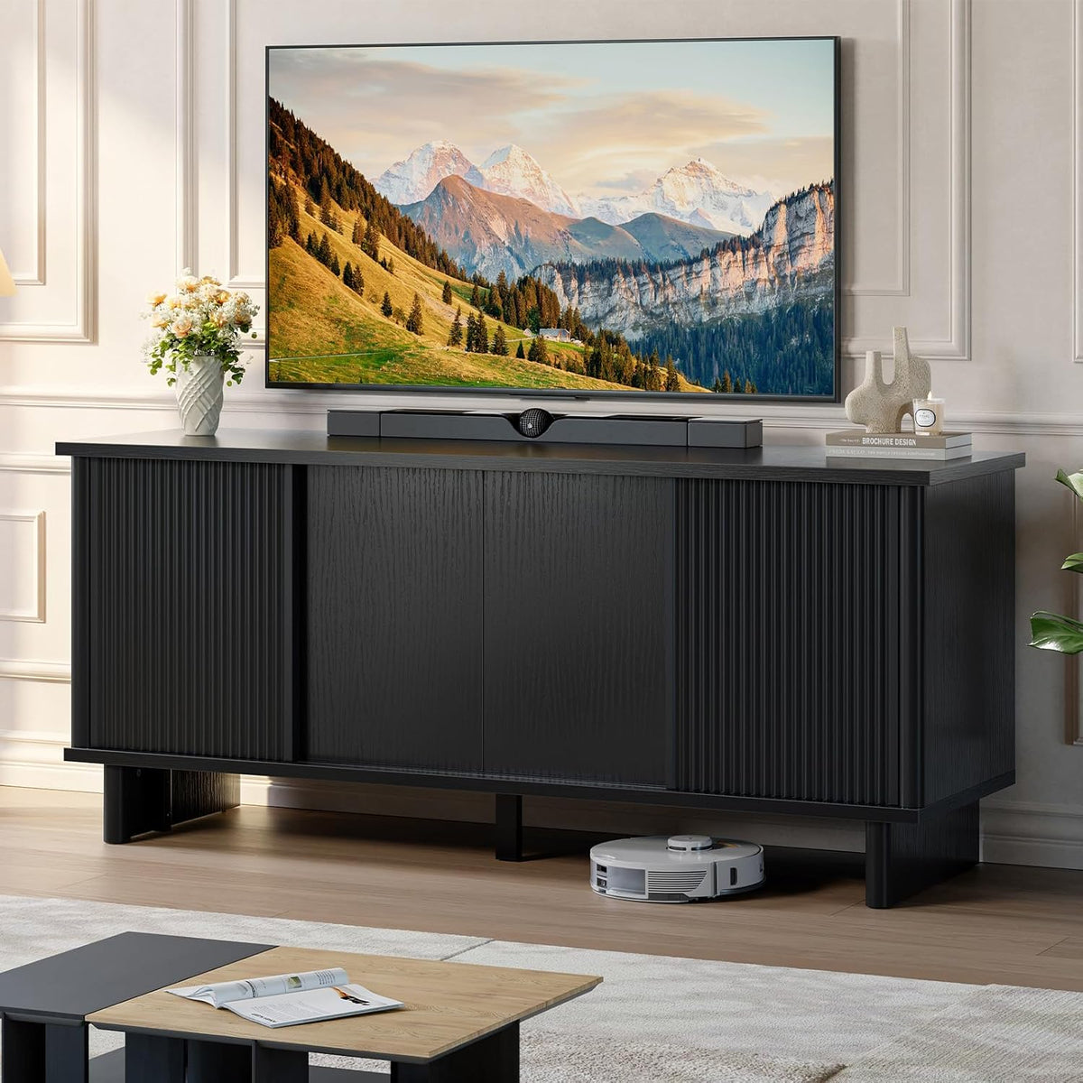 Bestier Mid Century Modern Tv Stand for 55/60/65 Inch TV, Solid Wood Legs Entertainment Center with Vertical Striped Sliding Door& Cable Management, Media Console Cabinet for Living Room(Black)