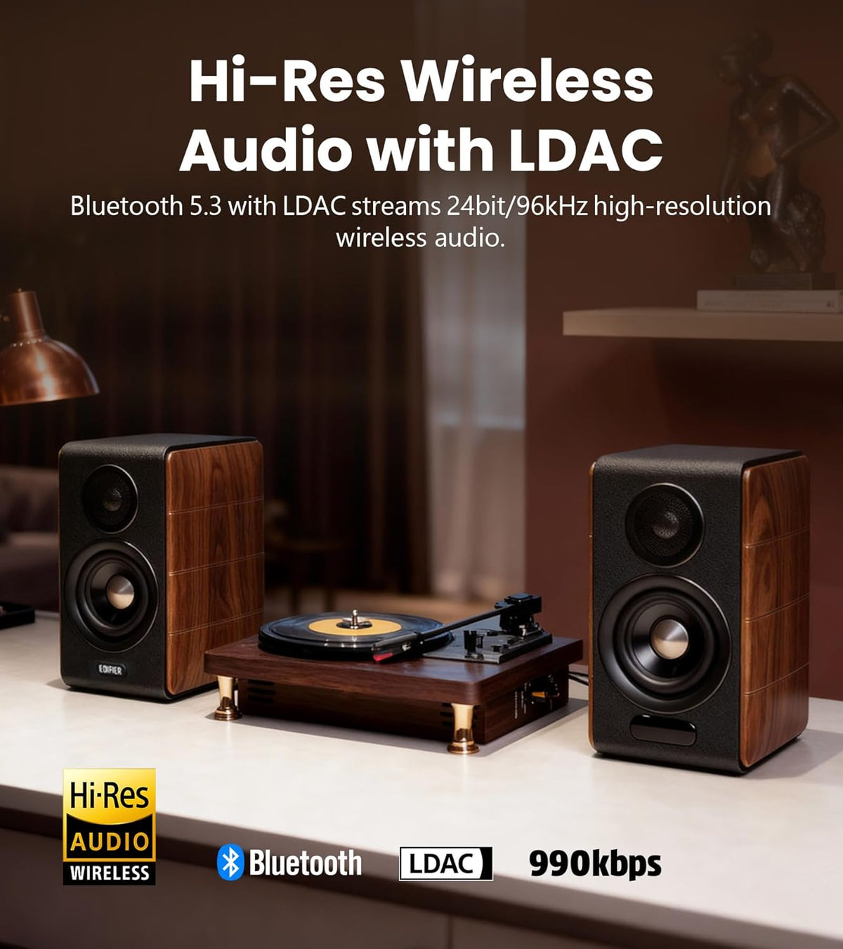 Edifier S880DB MKII Hi-Fi Bookshelf Speakers, Premium 2.0 Active Speaker System, 88W RMS, Hi-Res Audio with LDAC, Bluetooth/USB-C/Optical/Coaxial/RCA Input, Subwoofer Output, Dark Wood