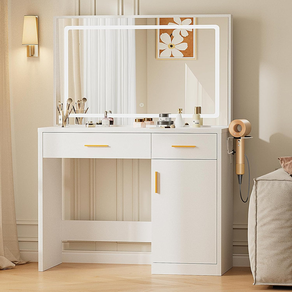 Sweetcrispy Vanity Desk with 35.4" LED Mirror and Lights, Makeup Vanity Table with Charging Station (2AC/USB/C), 2 Drawers & Large Cabinet, 3 Lighting Color Adjustable, Modern Dressing Table, White
