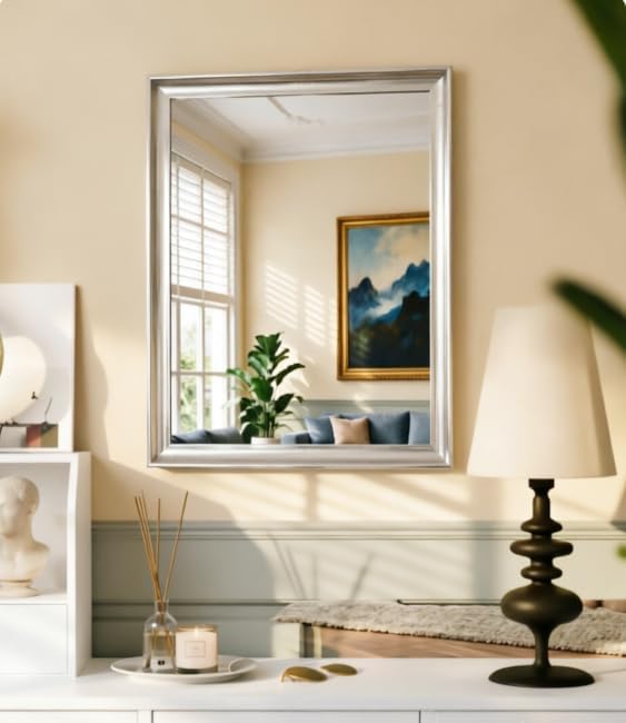USHOWER 2 Pack Brushed Nickel Bathroom Mirrors for Over Sink 24x36 Inch, Metal Framed Rectangle Vanity Mirror for Wall, Bedroom, Living Room, Entryway, Anti-Rust, HD Tempered Glass,Horizontal/Vertical