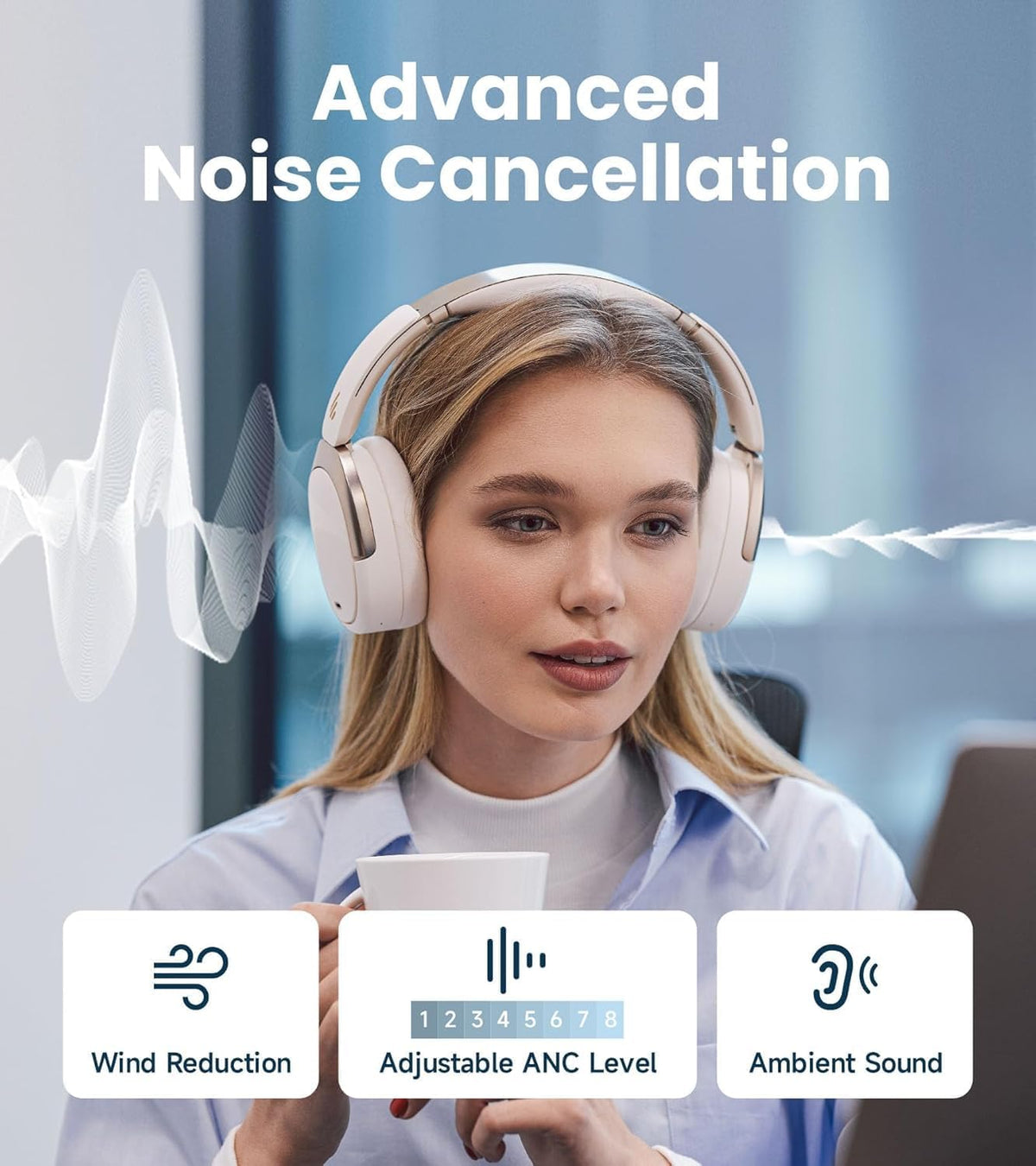 Edifier WH950NB Gen 2 Wireless Hybrid Active Noise Cancelling Headphones, Hi-Res Audio with LDAC 8-Level ANC, Spatial Sound 80H Playtime Bluetooth 5.4 Foldable 3.5mm AUX, Travel Case - Ivory