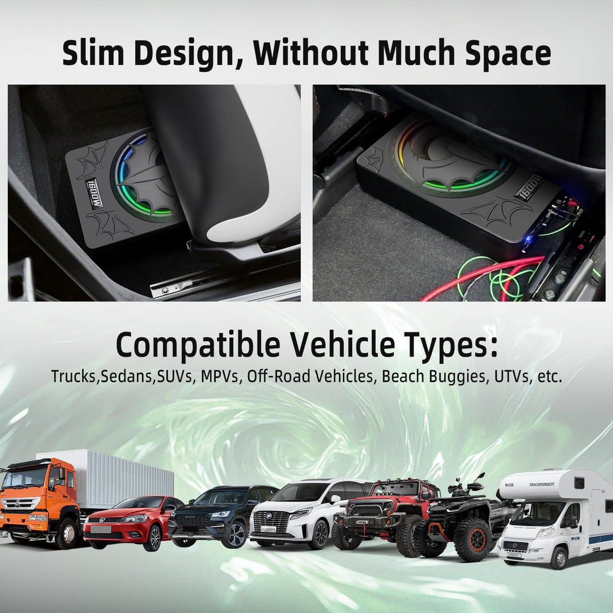 1600W Slim Underseat Subwoofer with Built-in Amp 10 Inch Sub | RGB Ambient Lighting, LPF/Gain/Bass Boost Controls, Individual Controls, Distortion-Free Deep Bass | Universal Fit for All Car