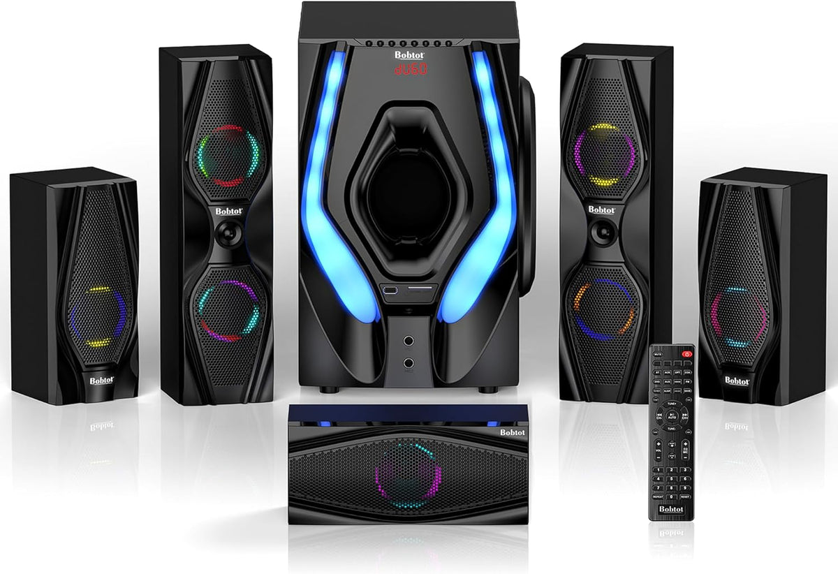 Bobtot Surround Sound Systems Home Theater System - 1200 Watts Peak Power 10" Subwoofer 5.1/2.1 Wired Audio Stereo Speakers Strong Bass with ARC Optical AUX Bluetooth Input
