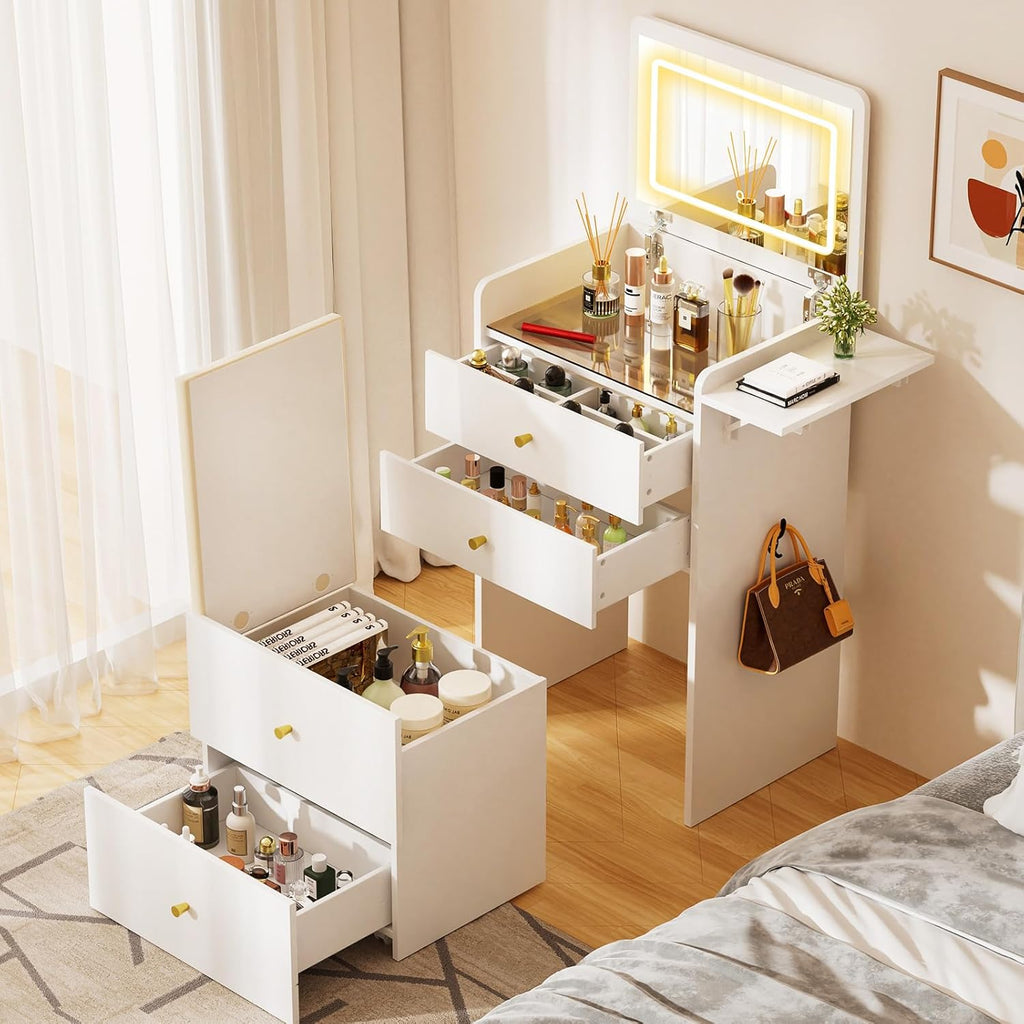 COMHOMA Makeup Vanity Desk with Mirror and Lights, Small 3 in 1 Vanity Table with Visible Glass Top, Flip Top & 3 Drawers, Compact Dresser with Storage Stool for Bedroom, Office or Nightstand