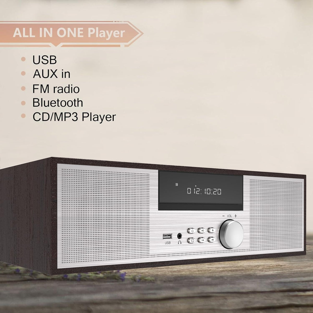 LONPOO Stereo Shelf System for Home, Vintage CD Player 40W RMS Micro Mini System with Remote Control, Bluetooth, FM Radio, USB MP3 Playback & Aux-in,Silver