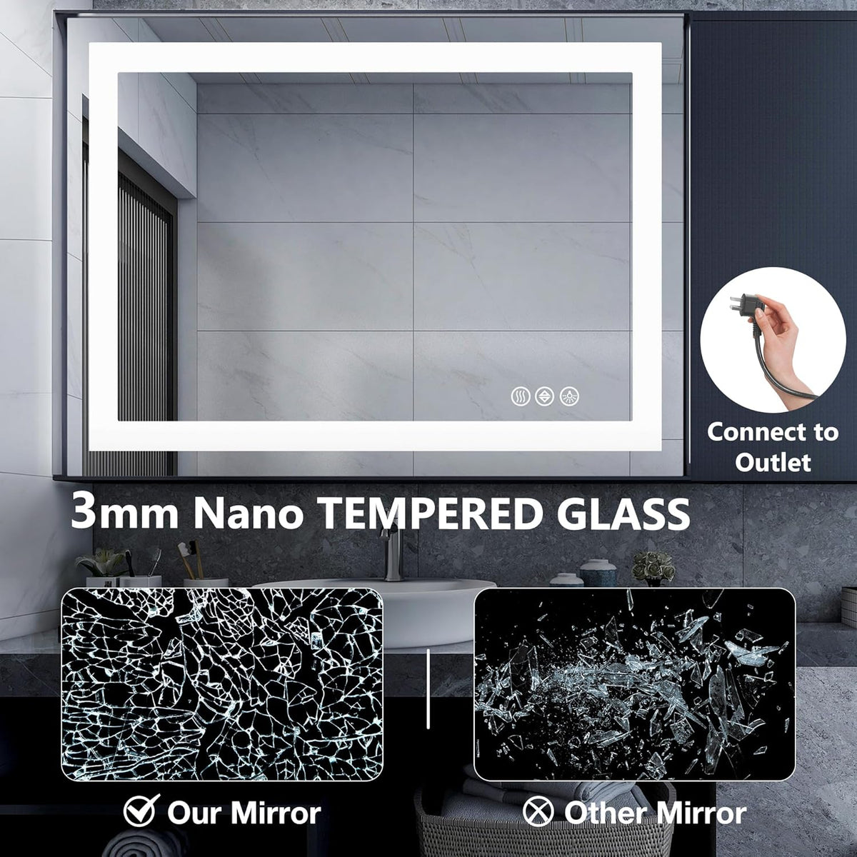 NEWBULIG 36"x36" Smart Anti-Fog LED Bathroom Mirror with Front Light & Backlit, 3 Color Modes, Dimmable, Memory Function, Wall-Mounted Modern Rectangular Vanity Mirror, White
