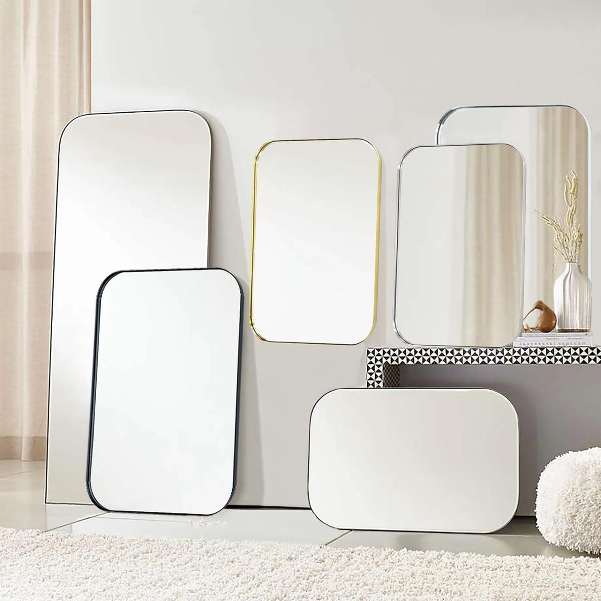 22x30'' Chrome Rounded Rectangle Bathroom Vanity Wall Mirror Stainless Steel Metal Framed Rectangular Bathroom Mirror, Vertical and Horizontal Hanging