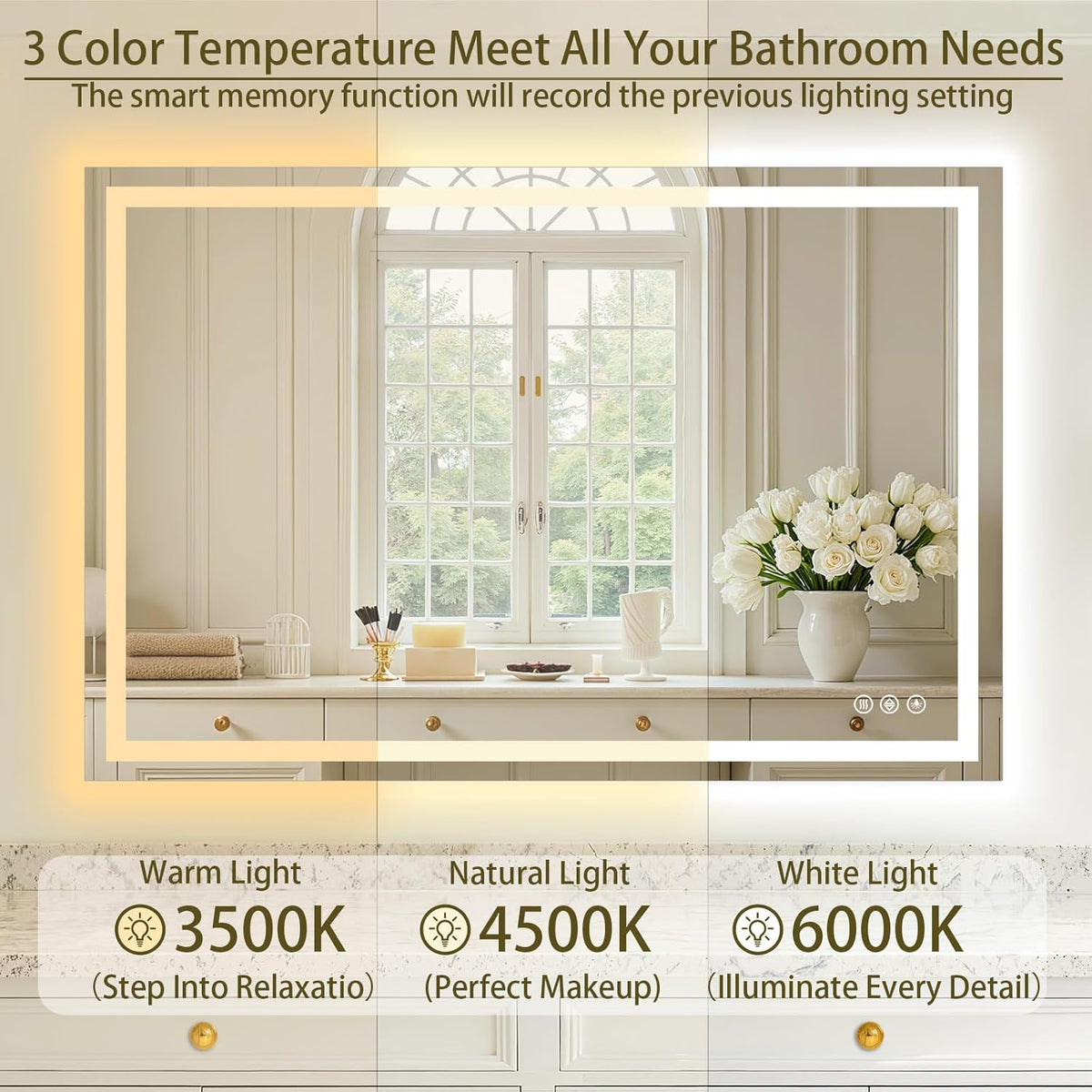 48X36 LED Bathroom Mirror with Lights, Anti-Fog, Dimmable, Backlit + Front Lit, 3 Colors, Modern Lighted Bathroom Vanity Mirror for Home/Hotel/Apartment, Memory Function, Shatterproof Tempered Glass