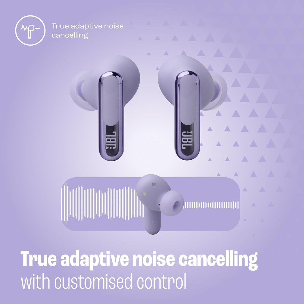 JBL Live Beam 3 - True wireless noise-cancelling stick-closed earbuds, 48Hrs total playback, Wireless Charging, 6 Mics for perfect calls, Multi-point connection, IP55 waterproof and dustproof (Purple)