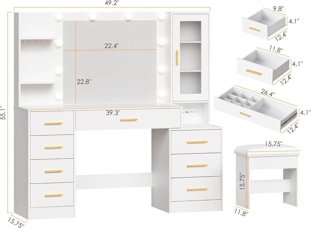 ANWBROAD 49.2" Large Vanity Desk with Mirror and Lights White Makeup Vanity Desk with Glass Top and Power Outlet 8 Drawers Nightstand 5 Hooks Vanity Table with Stool for Bedroom Women Girls UBDT88W