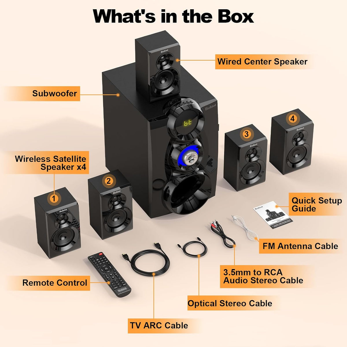 Bobtot Wireless Surround Sound System Home Theater System, 1000W Surround Speakers 8" Subwoofer 5.1/2.1 Channel Deep Bass with ARC Optical Bluetooth Karaoke Input