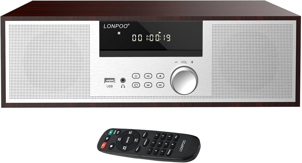 LONPOO Stereo Shelf System for Home, Vintage CD Player 40W RMS Micro Mini System with Remote Control, Bluetooth, FM Radio, USB MP3 Playback & Aux-in,Silver