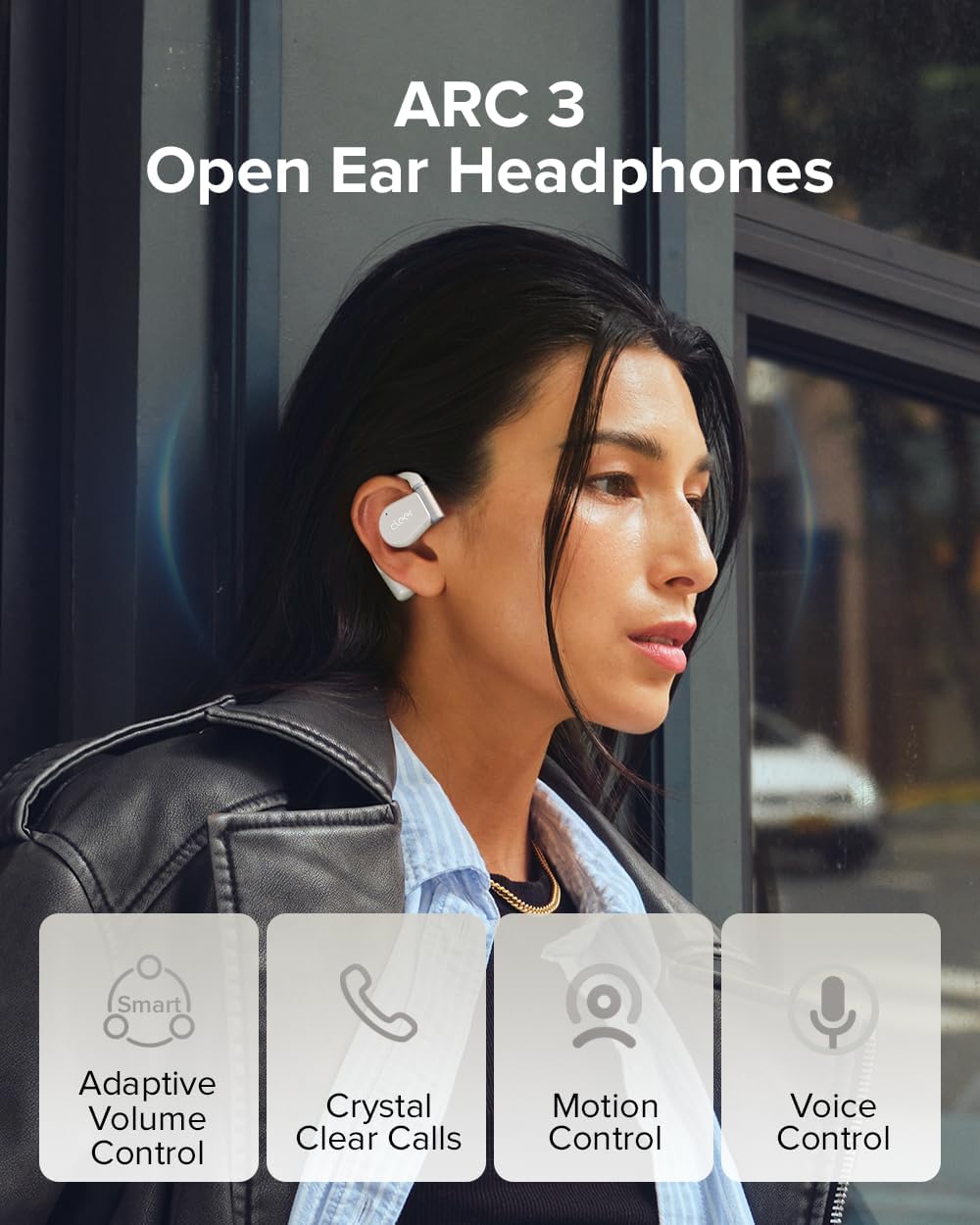 Cleer ARC 3 Open Ear Headphones - Dolby Audio, Snapdragon Sound True Wireless Earbuds, 50Hr Battery, Bluetooth 5.4, IPX 7, Multi-Point, Smart Controls, Light Grey