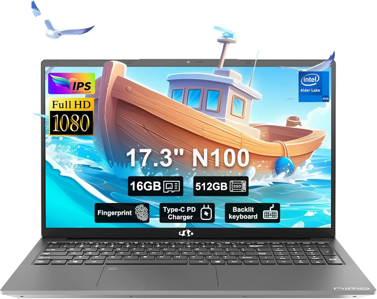 17.3" FHD IPS Student-Laptop-Computer - 16GB RAM 512GB SSD Intel Pentium N100(Beat to i3-1115G4, 4 Cores Up to 3.4GHz), 65W Type-C, 2 Years Warranty, Fingerprint, Backlit Keyboard, Wi-Fi 6, BT5.2
