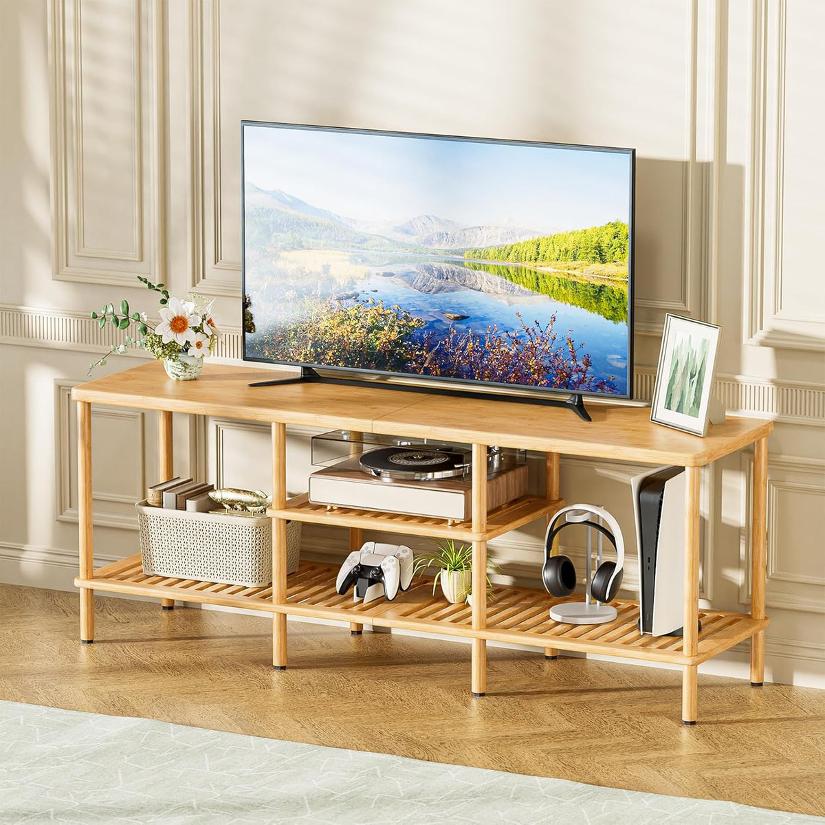 Amazer Bamboo TV Stand for 60 65 Inch TV, Entertainment Center with 3 Tier Open Storage Shelf, Wood TV Table for Living Room, Bedroom