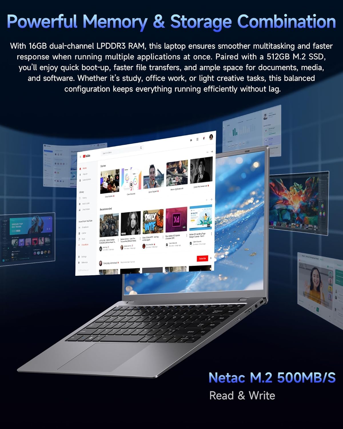 15.6 inch Laptop with Pentium Gold 6500Y(Up to 3.4GHz), 16GB RAM 256GB SSD,1080P Full HD, USB-C,WiFi 5,BT5.0,Gray Computer Laptops for School, Business
