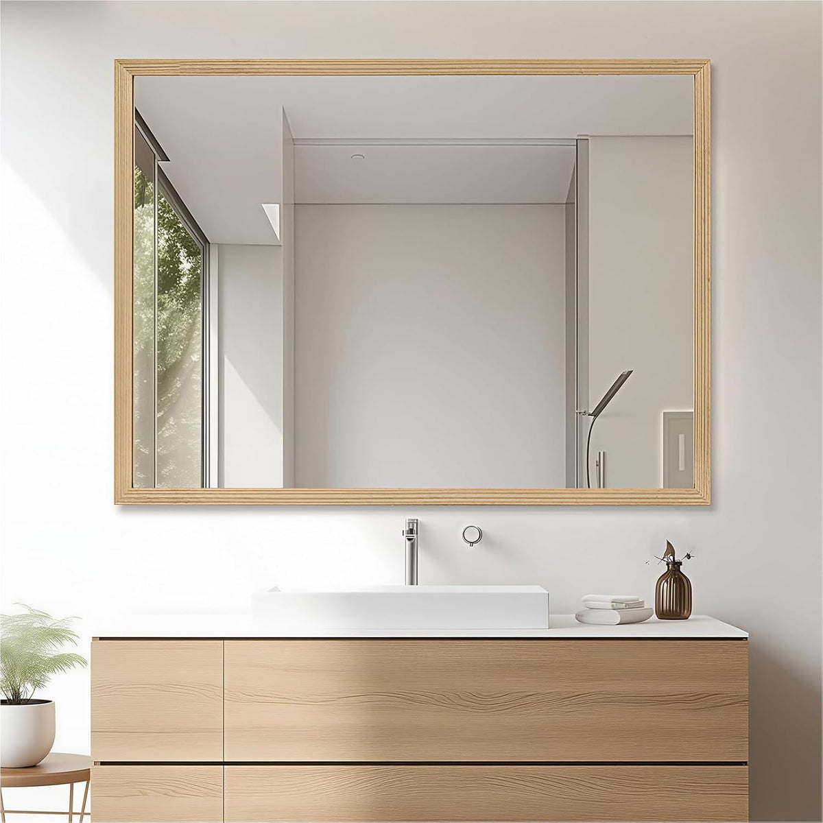 40"x30" Bathroom Mirror with Natural Wood Frame for Wall, Large Rectangle Vanity Mirror Rustic Farmhouse Decor Mirror, Anti-Rust Explosion-Proof, Hangs Horizontally or Vertically, Solid