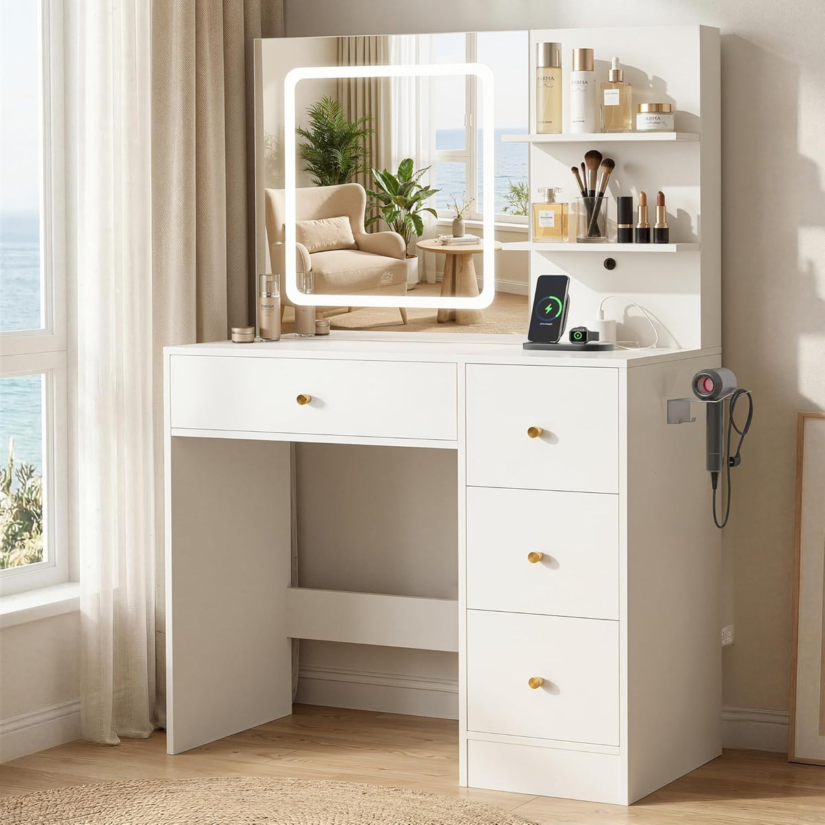 Makeup Vanity Desk with Mirror and Lights, 37" White Vanity Desk with Power Outlet & USB, 3 Modes Dimmable LED Mirror with 4 Drawers, Modern Vanity Table for Bedroom