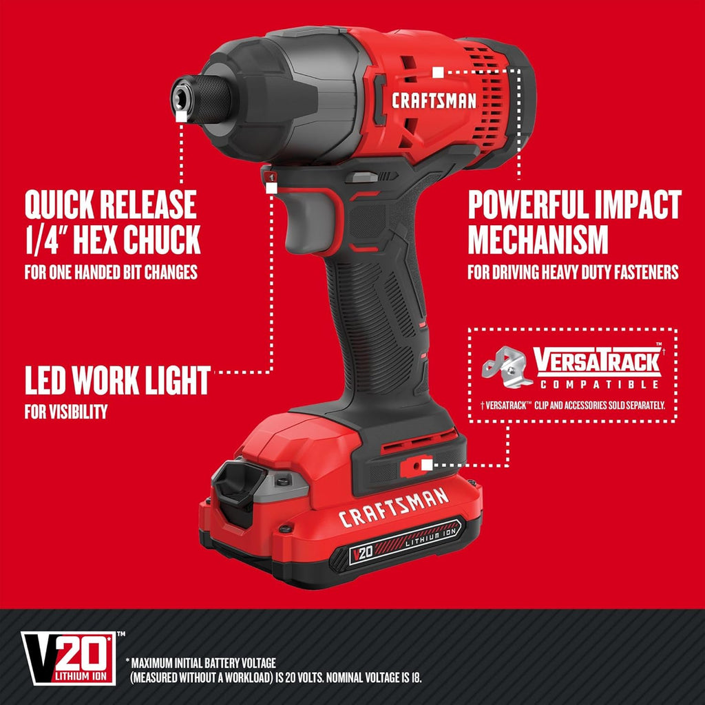 CRAFTSMAN V20 MAX Cordless Drill Driver and Impact Driver Set, Power Tool Set with 2 Batteries and Charger, LED Work Light, 2 Bits, Bag (CMCK200C2)