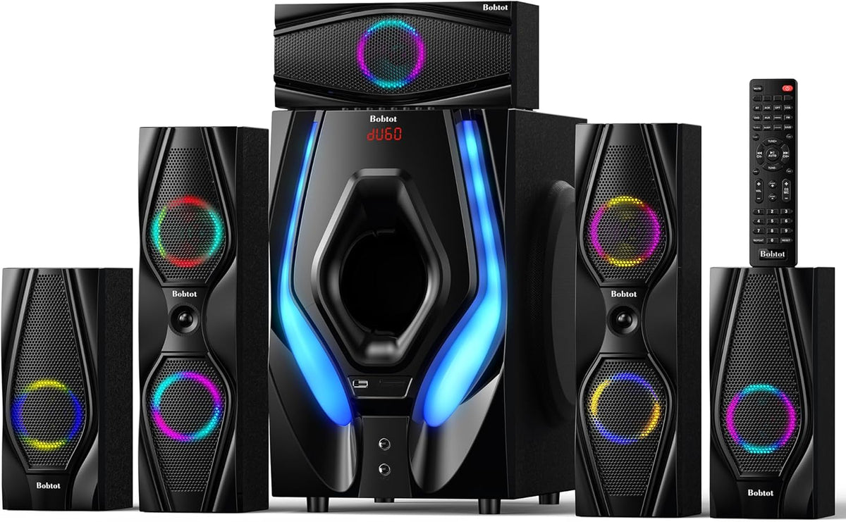 Bobtot Home Theater Systems Surround Sound Speakers - 1200 Watts 10 inch Subwoofer 5.1/2.1 Channel Audio Stereo System with ARC Optical Bluetooth Input for 4K TV Ultra HD AV DVD FM Radio USB