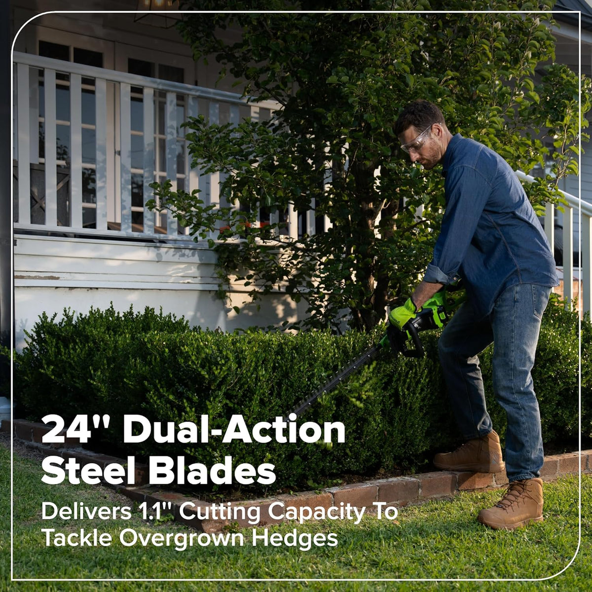 Greenworks 24V 24" (1.1" Cutting Capacity/Rotating Handle) Brushless Hedge Trimmer Cordless, 2.0Ah Battery and Charger Included