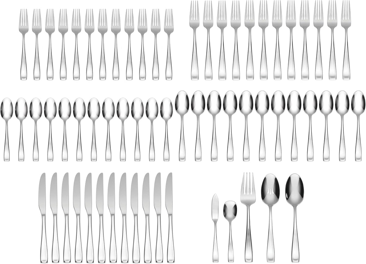 Oneida Silverware Set For 12, Moda 65-Piece Fine Flatware Set with Serving Utensils, Service For 12, 18/10 Stainless Steel, Dishwasher Safe For home, Knives Spoons and Forks Set (Silver, 65 pieces)