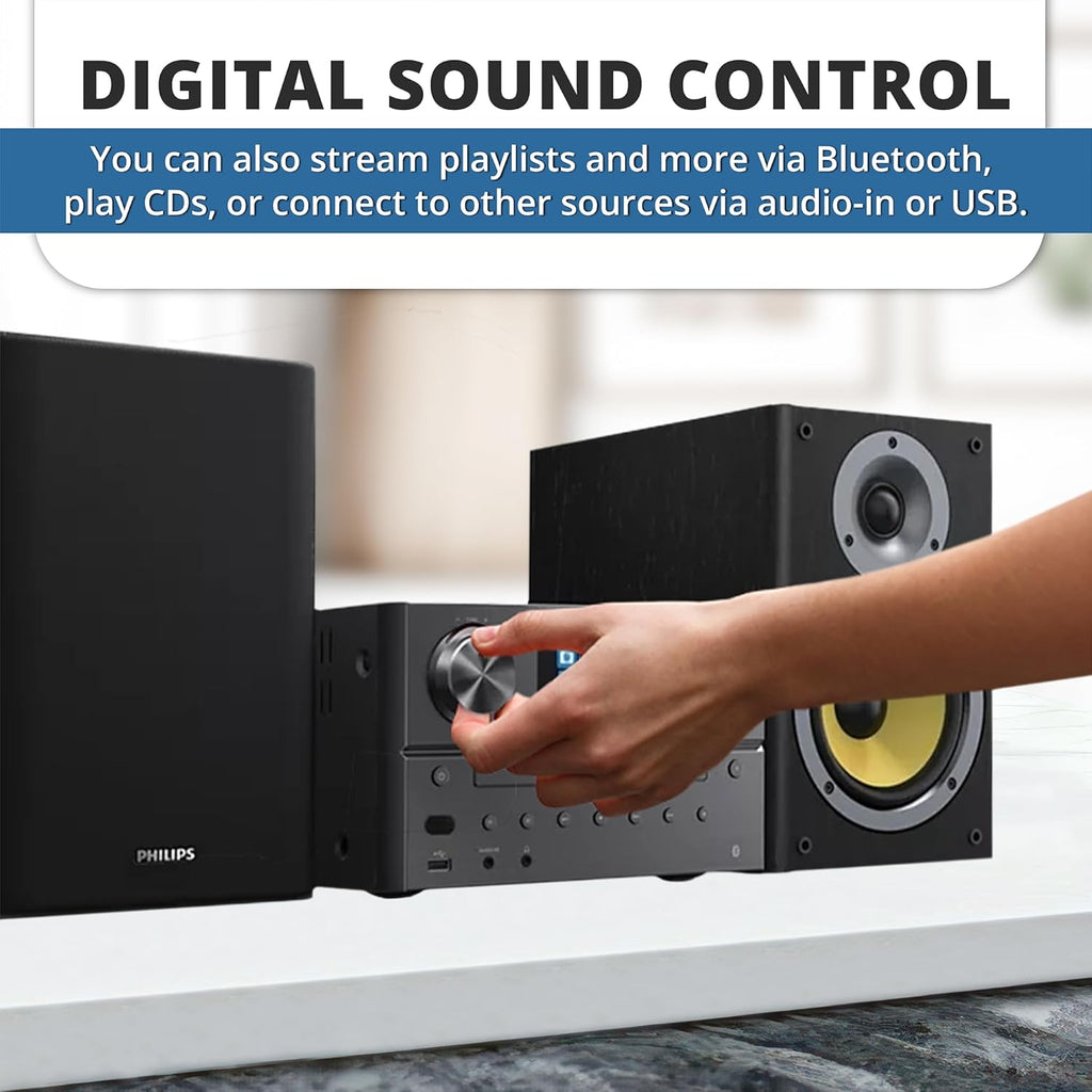 Philips Bluetooth & WiFi Stereo System for Home with CD Player, Spotify, Internet Radio, FM Radio, MP3 Playback, Crisp Highs and Rich Bass 100W, Remote Control Included