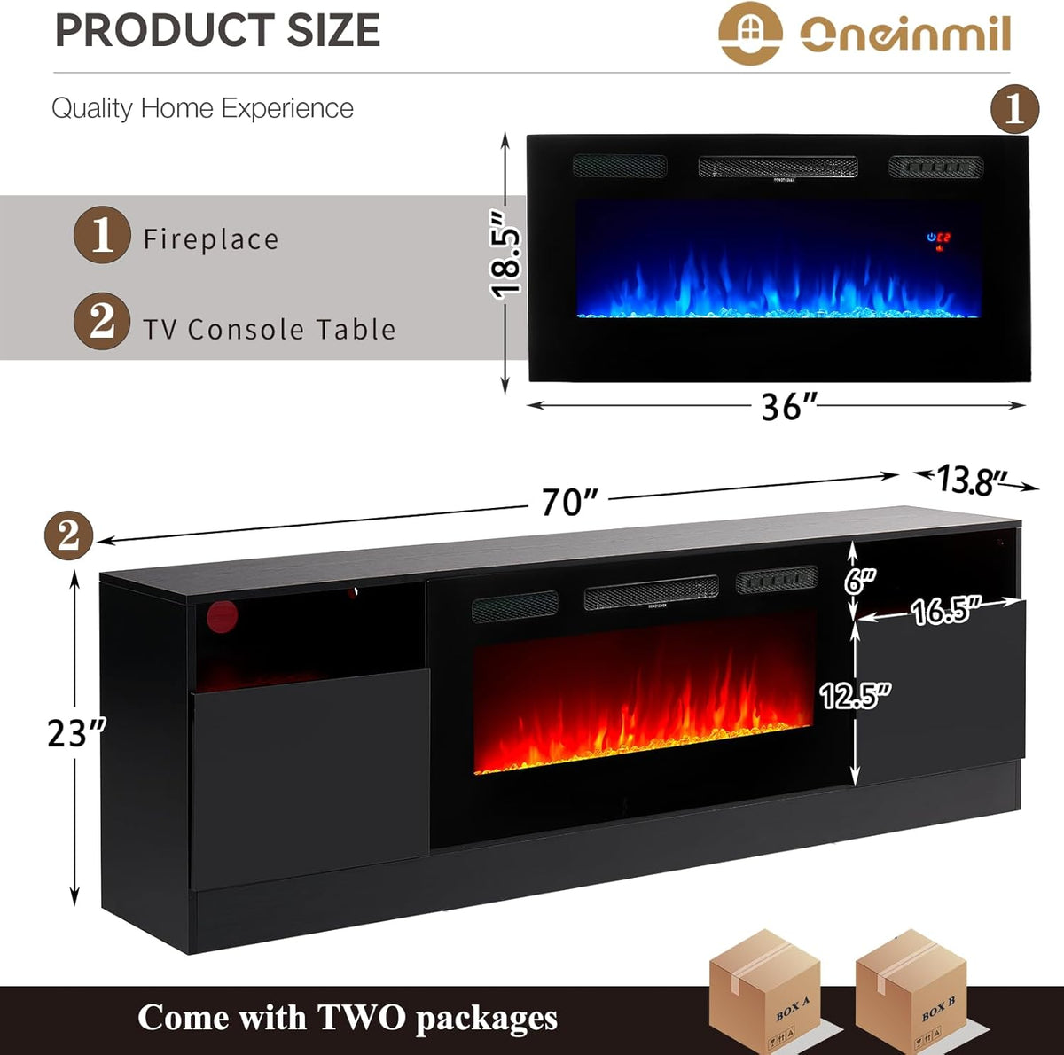 oneinmil Fireplace TV Stand with 36" Electric Fireplace, LED Light Entertainment Center, Modern Wood Texture Entertainment Stand with Highlight Storage Cabinet for TVs Up to 80", 70 inches, Black