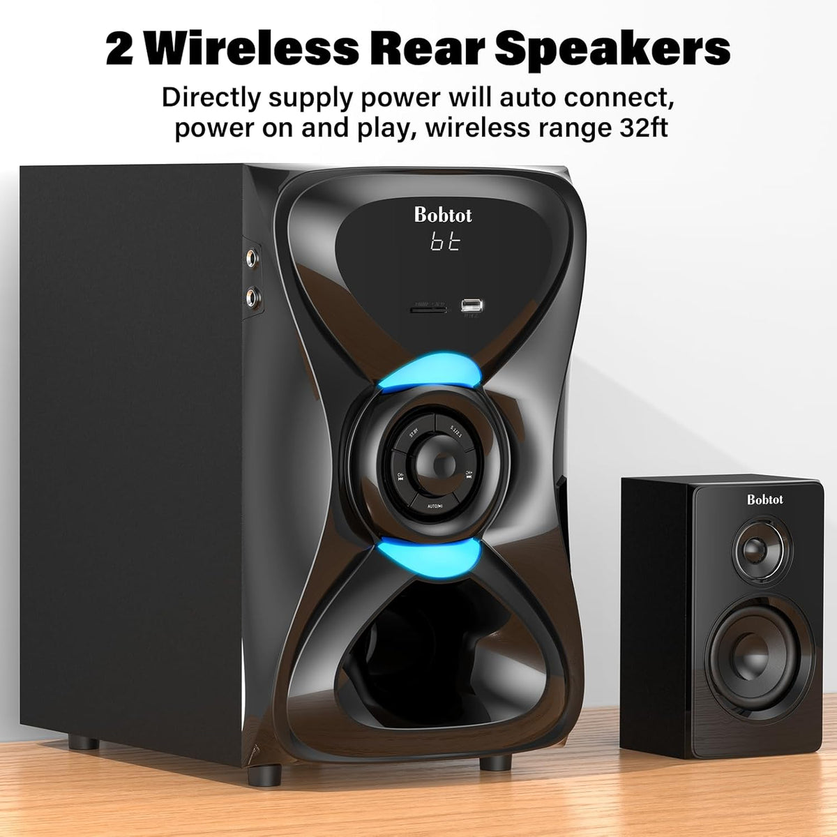 Bobtot Surround Sound Systems Wireless Rear Satellite Speakers - 1000W Peak Deep Bass 8 inch Subwoofer 5.1/2.1 Channel Home Theater System with ARC Optical Bluetooth Karaoke Input