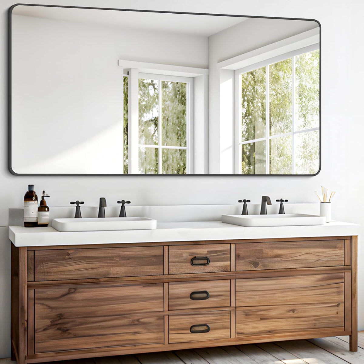 FORBATH Bathroom Mirror 30" X 60" .Large Rectangular Wall Mirror, Black Metal Framed Rounded Corner Wall Mounted Mirror for Bathroom Bedroom Entryway Decor(Horizontal/Vertical)
