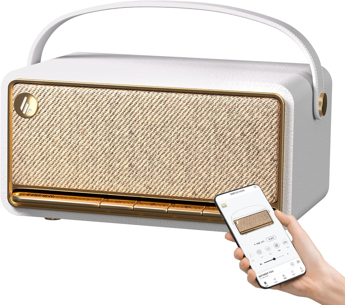 Edifier Retro Wood Bluetooth Speaker, Wireless Portable Speakers with 40W Hi-Res Audio, Stereo Pairing ConneX App, USB and TF Card Ivory