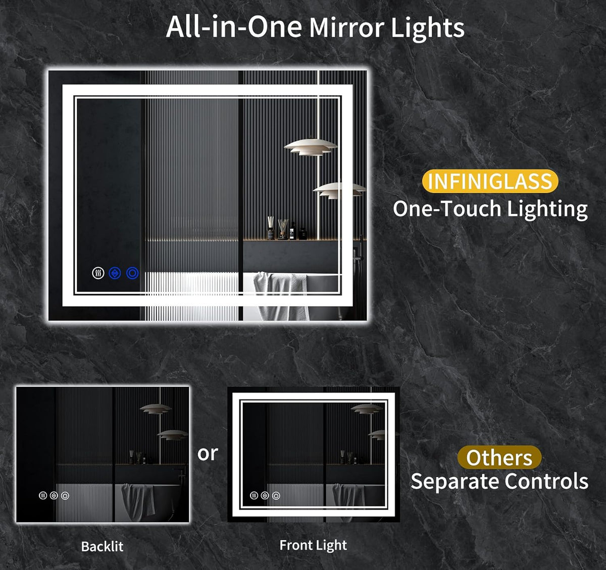 42"x24" LED Bathroom Mirror with Anti-Fog, Stepless Dimmable Lights, 3 Color Modes, Shatter-Proof Tempered Glass,Waterproof Design