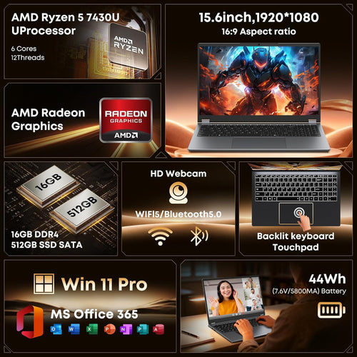 15.6" Laptop Computer 2-in-1 AMD Ryzen 7430U (Beat i7-1355U) Win11 Pro, MS Office 365 Traditional Laptops 16GB 512GB SSD Backlit Keyboard Full HD IPS Display 1MP Camera Type-C BT 5.0 HDMI