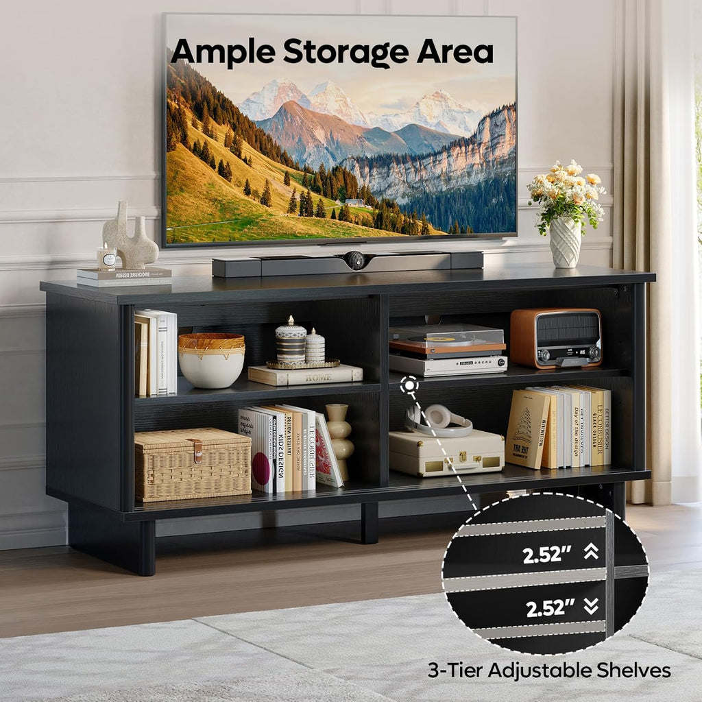 Bestier Mid Century Modern Tv Stand for 55/60/65 Inch TV, Solid Wood Legs Entertainment Center with Vertical Striped Sliding Door& Cable Management, Media Console Cabinet for Living Room(Black)