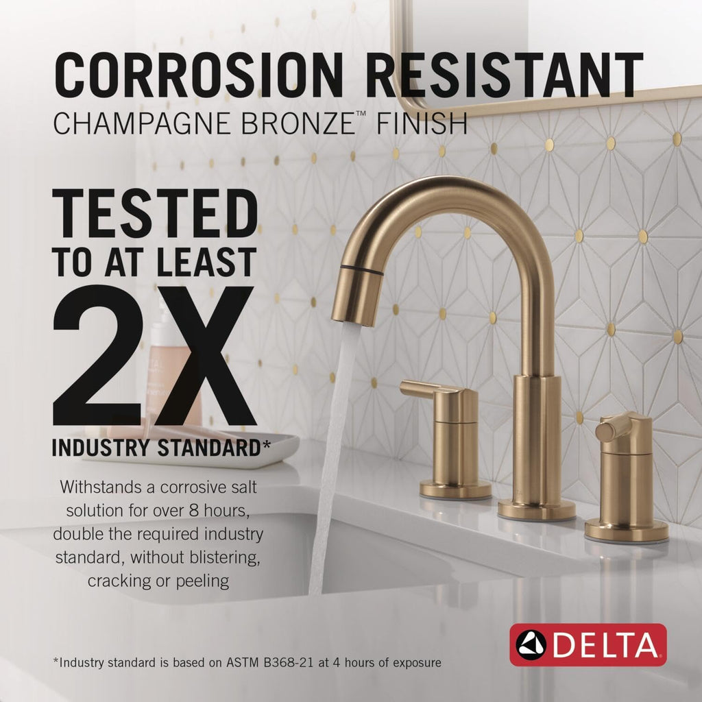 Delta Nicoli Brushed Gold Bathroom Faucet with Sprayer, 8 Inch 3 Hole Widespread Bathroom Sink Faucet with Pull Out Sprayer, Push-Pop Drain, Champagne Bronze 35749LF-CZPD