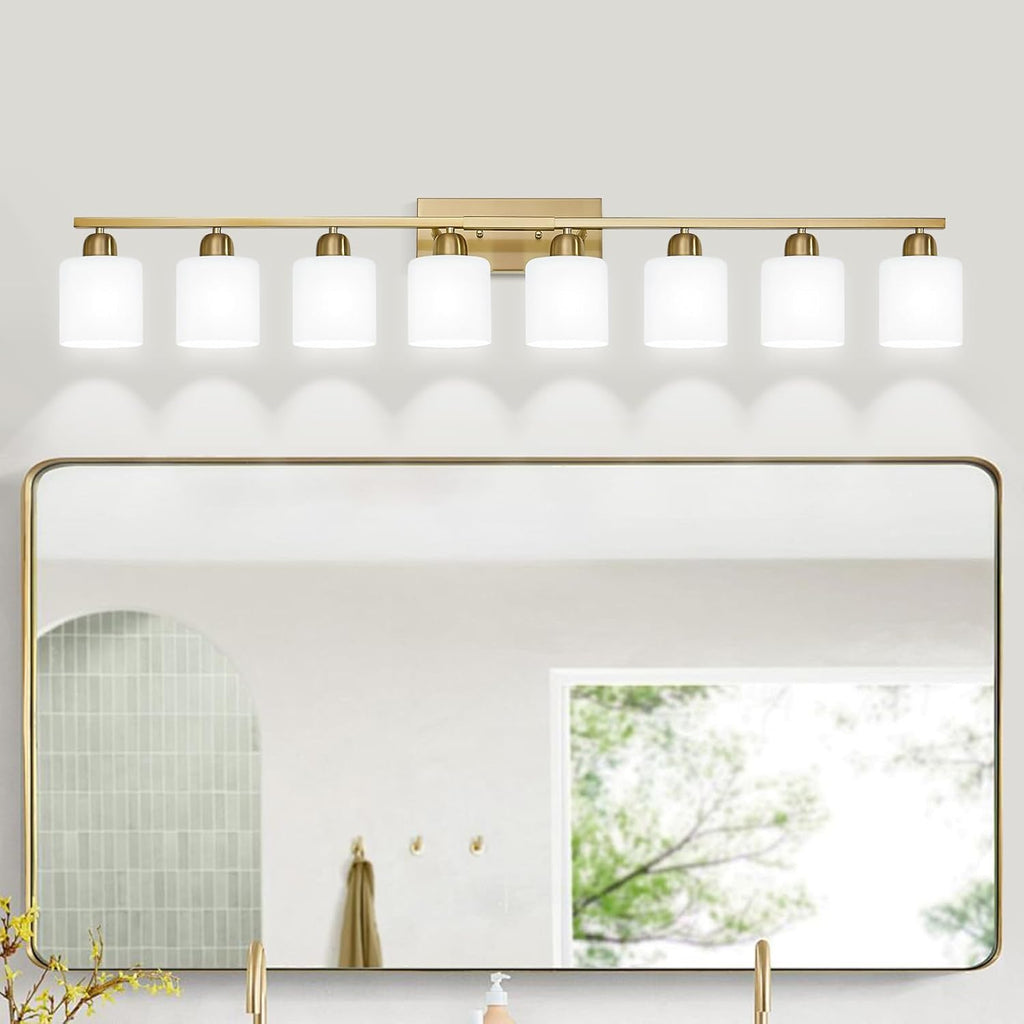 8 Light Bathroom Light Fixtures Gold for Big Mirror, Brushed Gold Vanity Lights for Bathroom with Milky White Frosted Glass Shades, 51 inch Wall Sconce for Mirrors Living Room Bedroom