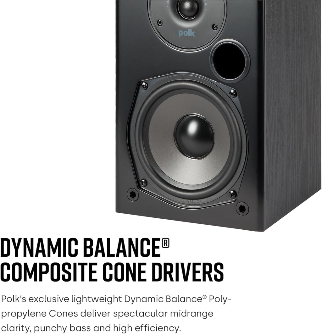 Polk Audio T15 Home Theater and Stereo Bookshelf Speakers – Deep Bass Response, Dolby and DTS Surround, Wall-Mountable, Pair, Black