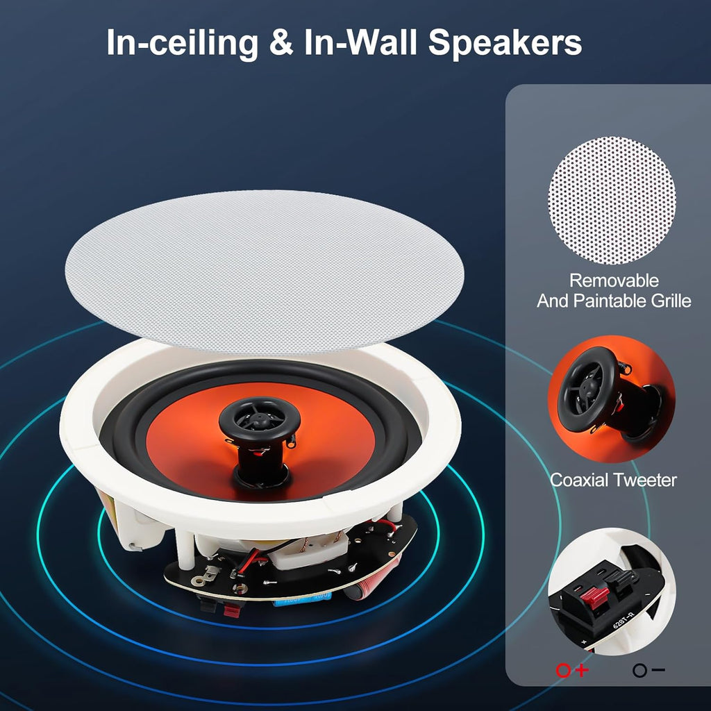 STUDIOFINIX 6.5 Inch Bluetooth Ceiling Speakers,600W Wired Recessed Speaker System, Ideal for Home Theater, Living Room,Office,Kichten,Study Room,Basement,Covered Patio and Flush Mount (4 Speakers)