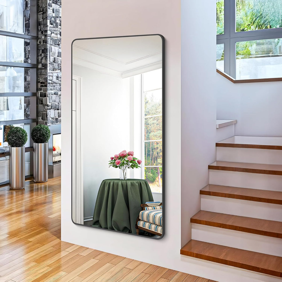 FORBATH Bathroom Mirror 30" X 60" .Large Rectangular Wall Mirror, Black Metal Framed Rounded Corner Wall Mounted Mirror for Bathroom Bedroom Entryway Decor(Horizontal/Vertical)