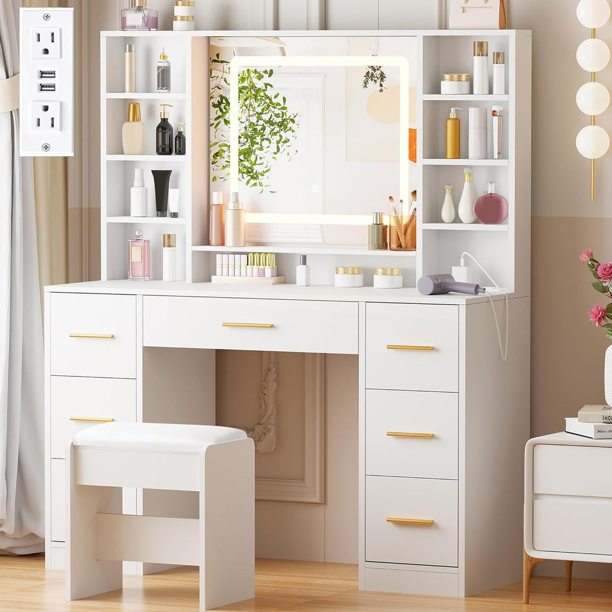 ANWBROAD Vanity Desk Table with Lighted Mirror 39.4“ Girls Makeup Vanity with Power Outlet 3 Colors Lighting Adjustable Brightness Vanity Table for Women Bedroom Dressing Room White UBDT65W