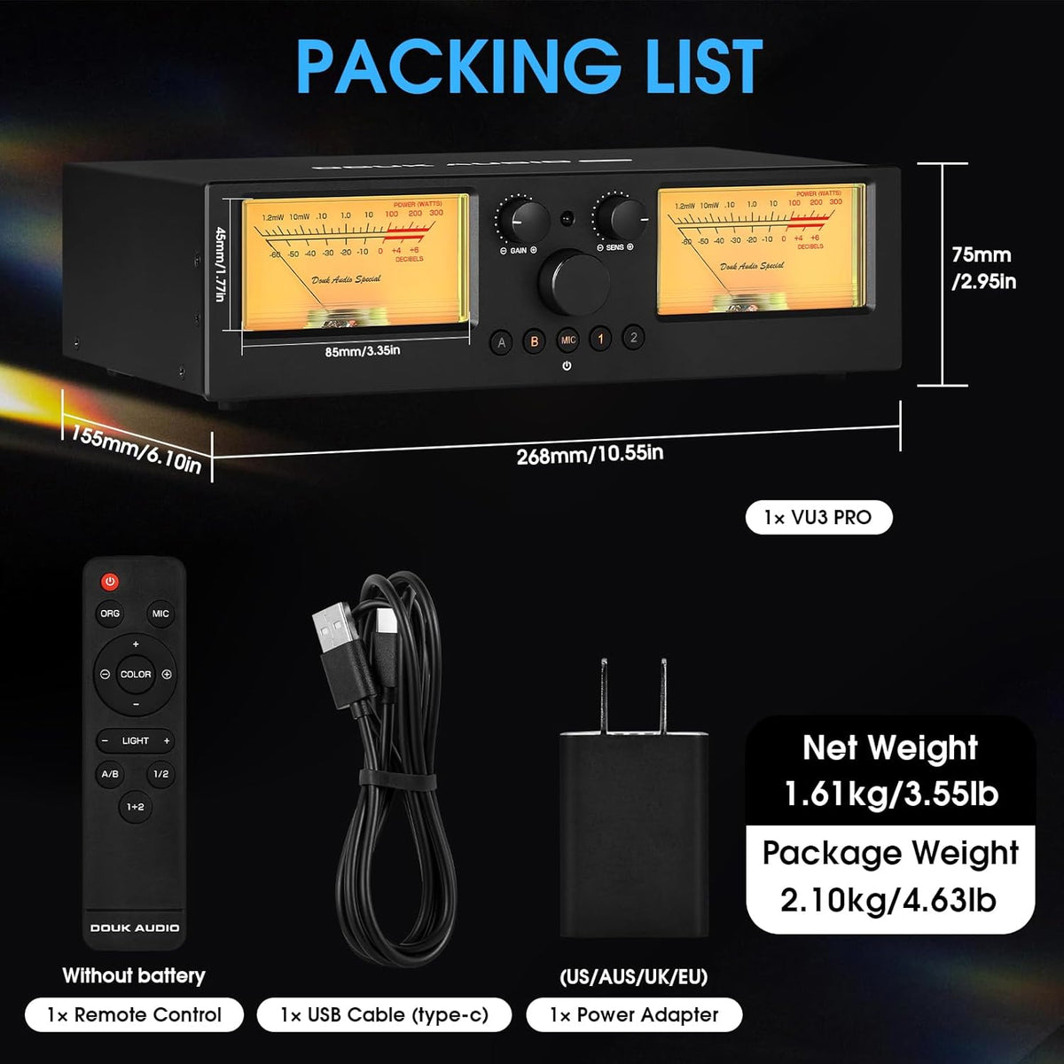 Douk Audio VU3 PRO Dual Analog VU Meter, 2-Way Amplifier Switch, Speaker Selector, Amp Audio Switcher Box 2-IN-2-OUT with DB Panel Display