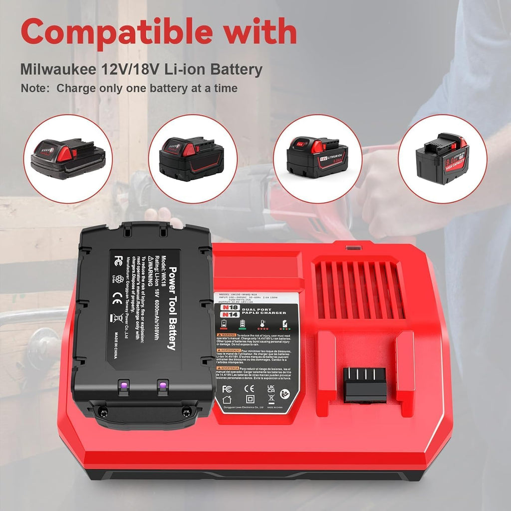 4Pcs 18V 6Ah Battery and N18-N14 18V Dual Port Charger Set Compatible for Milwaukee WK18 Tools 48-11-1850 48-11-1860 48-11-1820 48-11-1840 48-11-1830 48-11-1870 48-11-1880 Fast Charging