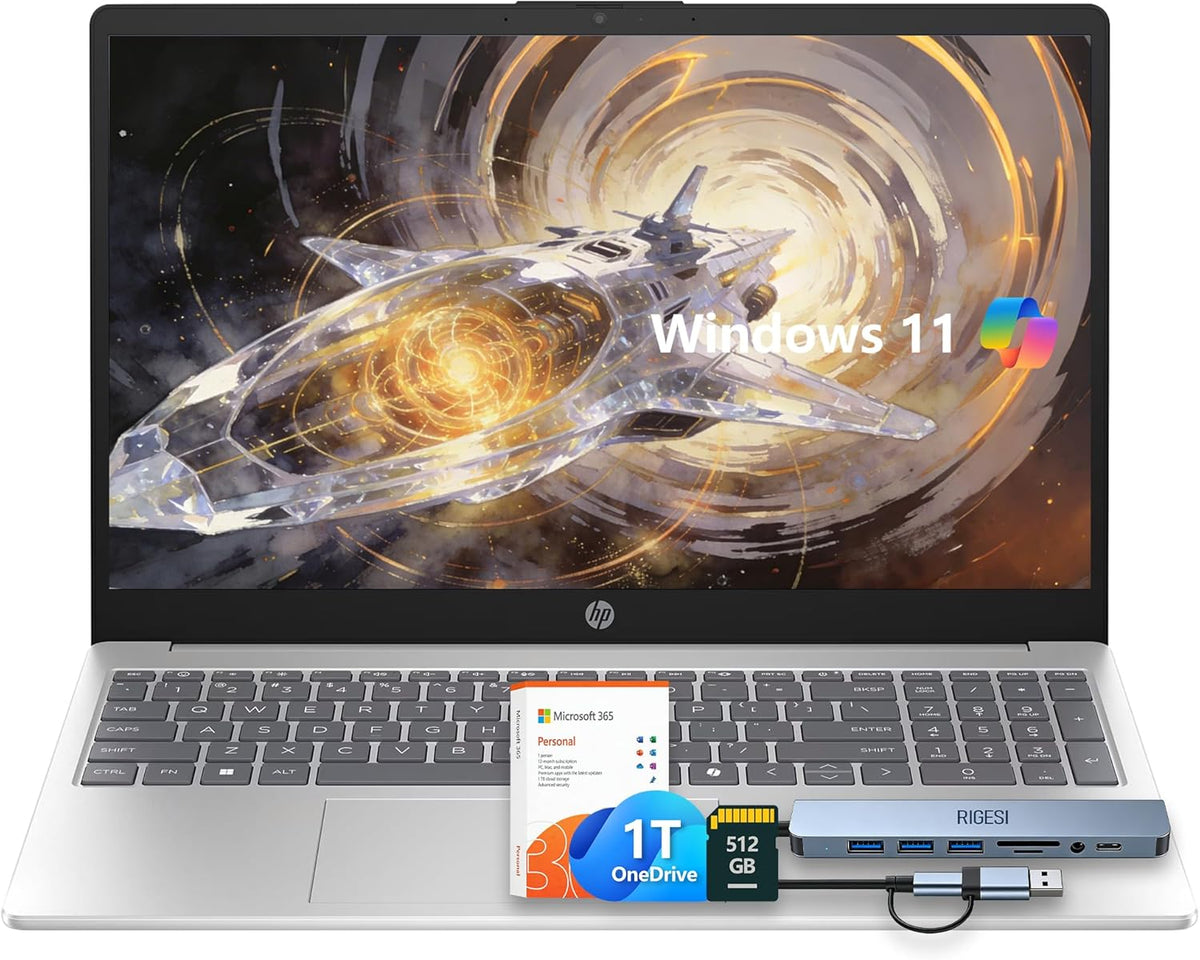 HP 15.6" Laptop – Complete Productivity Solution, Windows 11 with Microsoft Office, Intel 4 Core N100, 8GB RAM, 128GB UFS, 512GB SD Card, Copilot AI, Lightweight – Silver